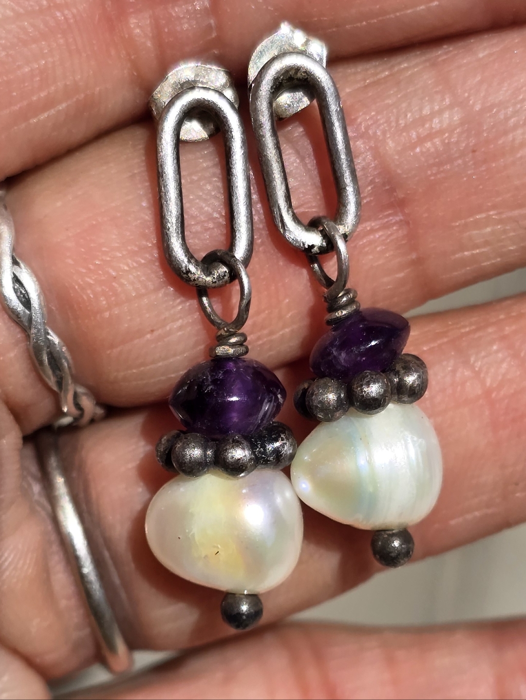 Handmade 925 Sterling Silver Pearl And Amethyst Artistic Earrings